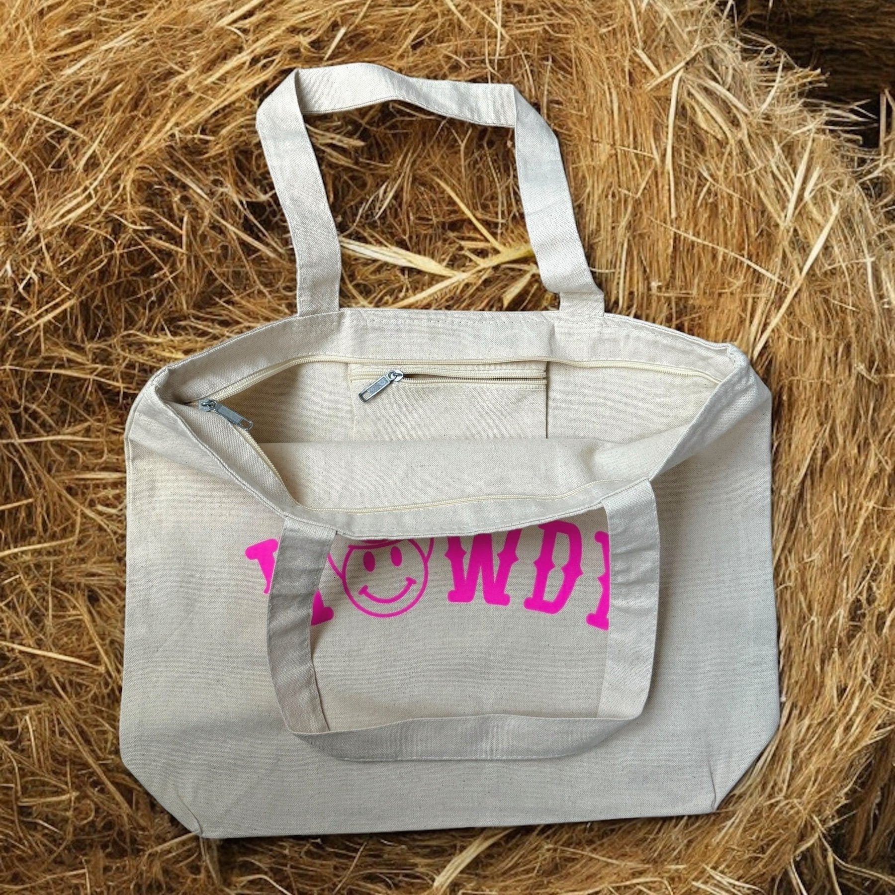 pink howdy cowgirl happy face natural canvas tote bag zippered
