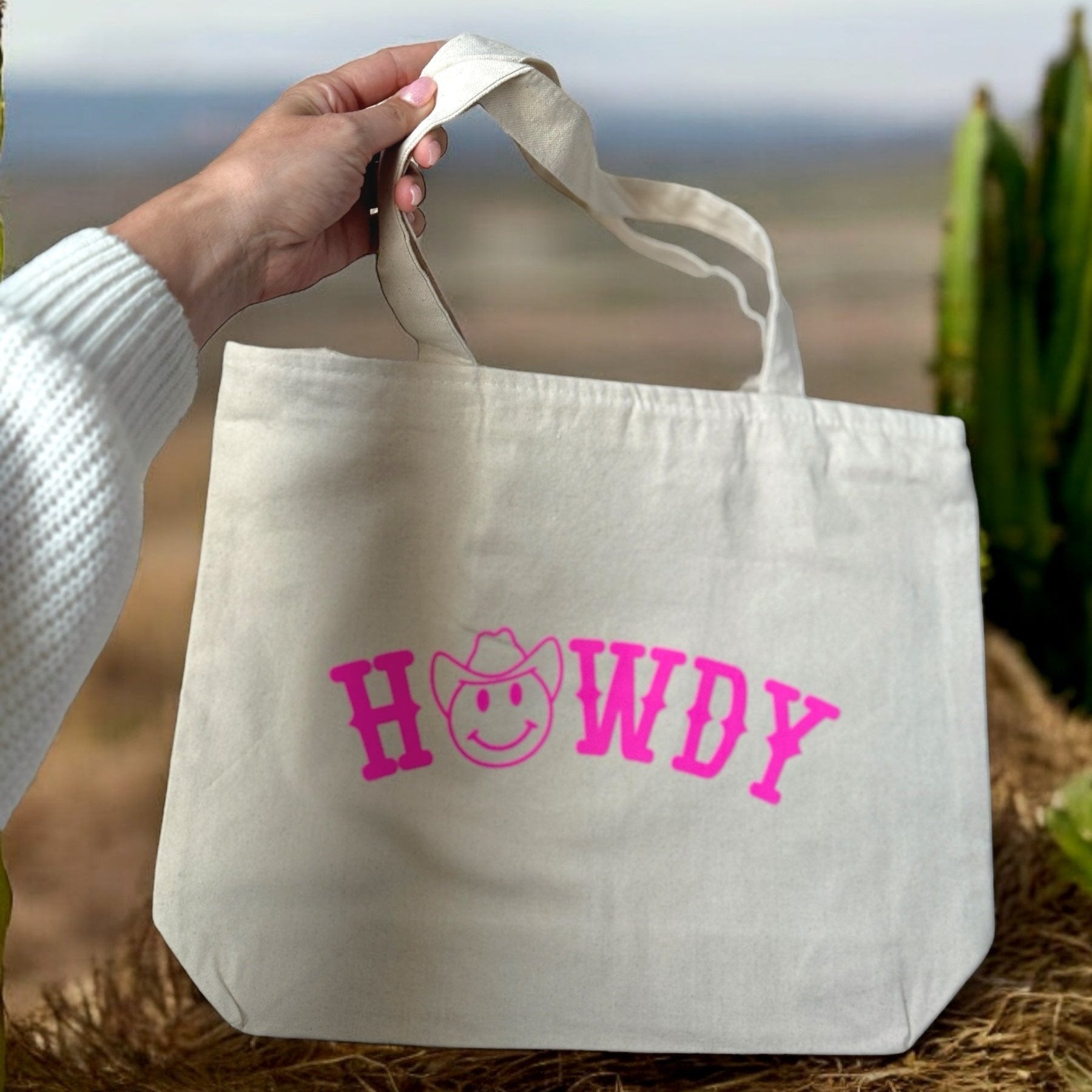 pink howdy cowgirl happy face natural canvas tote bag
