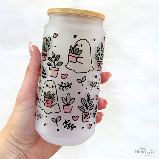 cute smiling ghosts with plants in terracotta planters pattern on 18oz frosted glass cup with bamboo lid