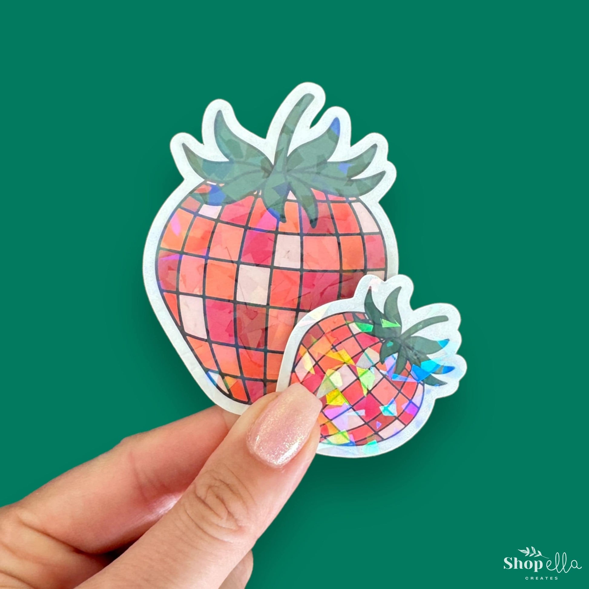 disco strawberry sticker holographic 3" and 2"